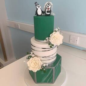 modern green white and silver 3 tier hexagon wedding cake with stunning white sugar roses and penguins